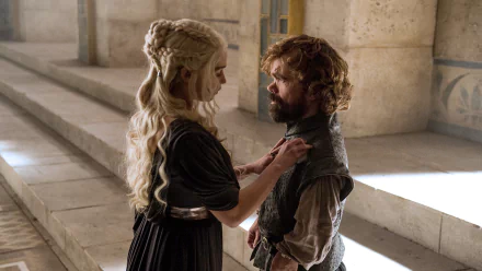 Tyrion Lannister and Daenerys Targaryen share a moment in this HD wallpaper from Game of Thrones, showcasing the dynamic between Peter Dinklage and Emilia Clarke.