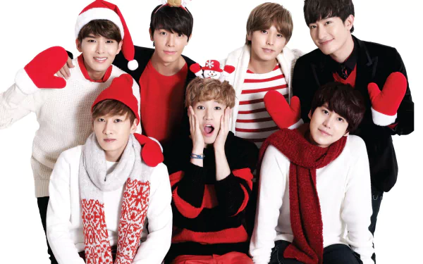 HD desktop wallpaper of Super Junior members dressed in festive holiday attire, posing together with playful expressions.