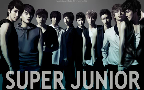 HD desktop wallpaper featuring the members of Super Junior in stylish attire with the group's name prominently displayed.