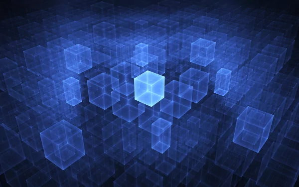 An abstract HD desktop wallpaper featuring glowing blue cubes set against a dark background, creating a dynamic and visually engaging digital landscape.