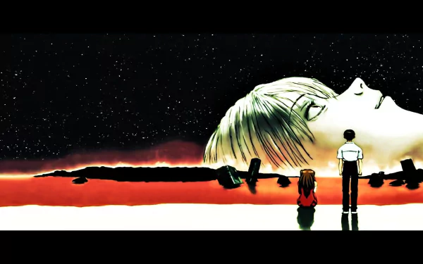 HD desktop wallpaper from End of Evangelion featuring Shinji Ikari and Asuka Langley Sohryu standing before a giant, reclining head against a starry sky.
