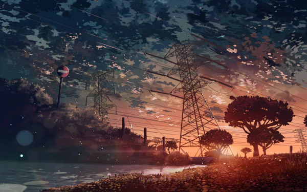 This HD anime wallpaper features an original illustration of a serene landscape with a setting sun, power lines, trees, and a river, creating a tranquil and picturesque scene.
