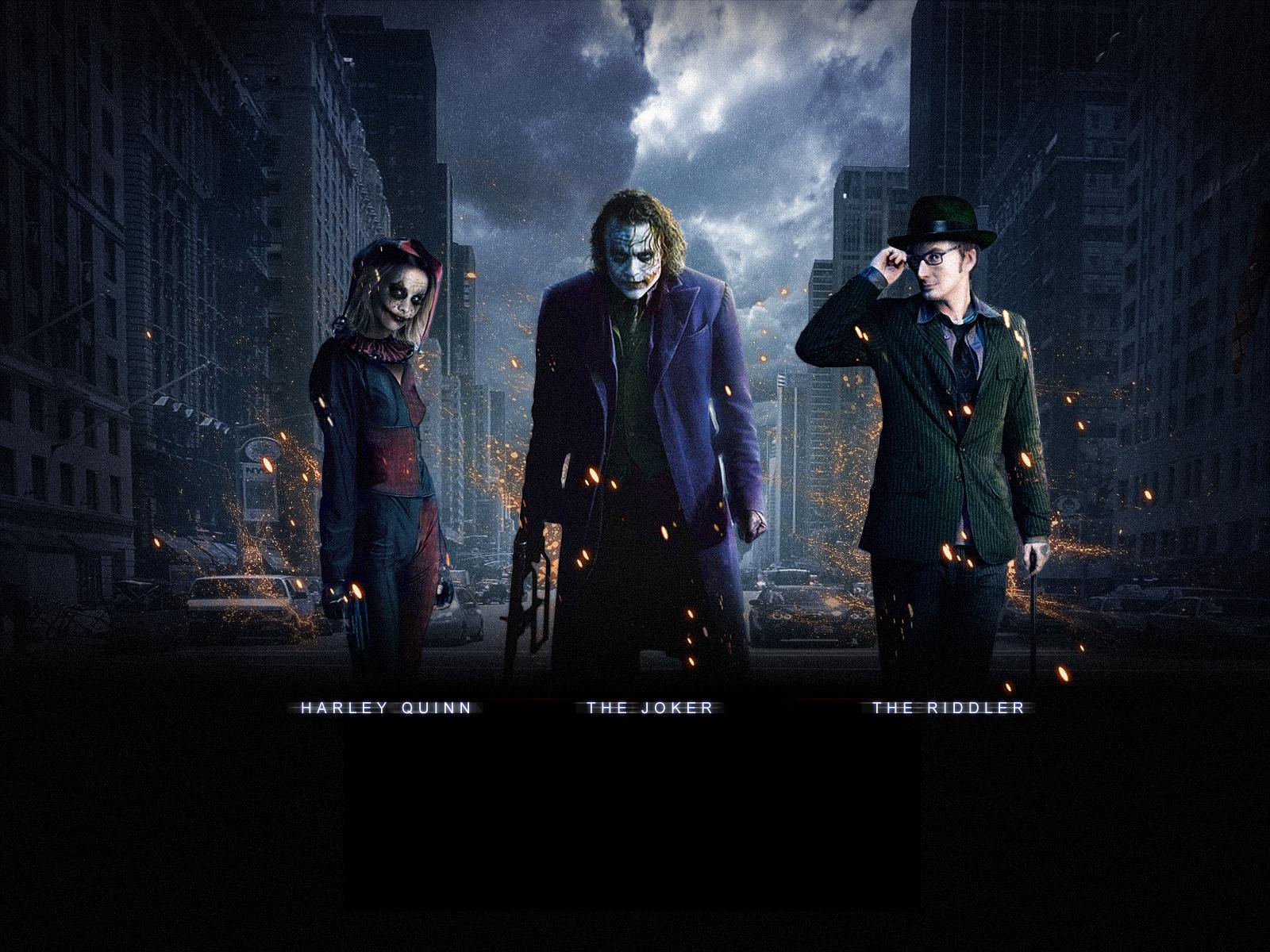 Batman, Joker, Harley Quinn, and Riddler from DC Comics in a high-definition desktop wallpaper.