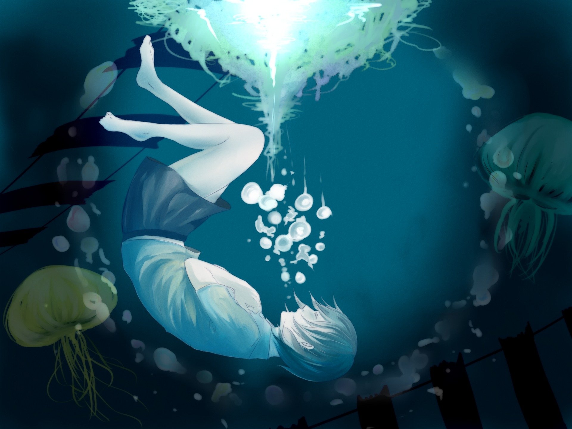 Anime-style underwater scene featuring a short white-haired character surrounded by glowing jellyfish and bubbles, designed as a HD PC desktop wallpaper.