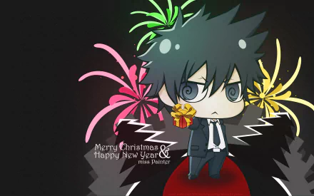 Chibi Shinya Kogami from Psycho-Pass stands against a colorful backdrop with fireworks, holding a gift. This HD wallpaper adds a festive touch to any desktop.