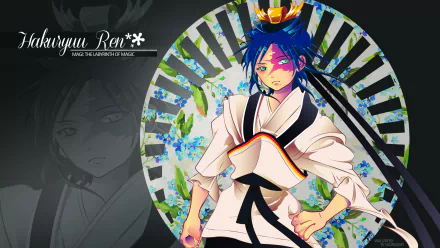 HD PC desktop wallpaper: Hakuryuu Ren (Anime, Magi: the Labyrinth of Magic) — stylized portrait with crown, long dark hair and circular floral backdrop.