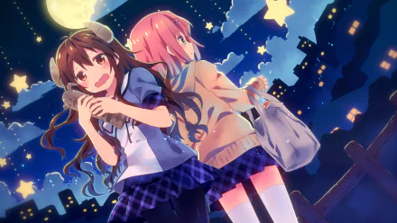 A vibrant HD wallpaper featuring Momo Chiyoda and Yuuko Yoshida from The Demon Girl Next Door, set against a starry nighttime backdrop with a bright moon.