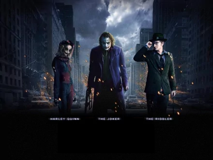 HD desktop wallpaper featuring The Riddler, Harley Quinn, and The Joker from DC Comics in a dramatic, dark street scene inspired by The Dark Knight movie.