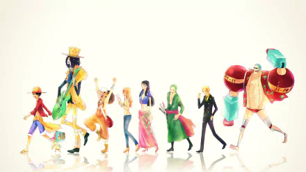 HD wallpaper featuring iconic characters from One Piece: Monkey D. Luffy, Roronoa Zoro, Nami, Nico Robin, Franky, Usopp, Sanji, Tony Tony Chopper, and Brook.