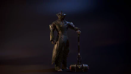 HD PC desktop wallpaper featuring Frost from the video game Warframe, standing with a large hammer against a dark, moody background.