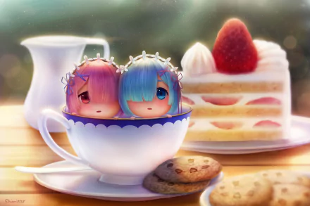 Anime HD wallpaper featuring Ram and Rem from Re:Zero - Starting Life in Another World, with blue hair and eyes, sitting cutely in a teacup. Background includes a strawberry shortcake and cookies.