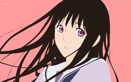 A minimalist anime illustration of Hiyori Iki from Noragami, featuring long brown hair, blush, and striking pink eyes against a soft pink background. A stylish HD desktop wallpaper.