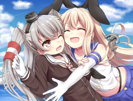 Anime characters Shimakaze and Amatsukaze from Kantai Collection with blonde and white hair, fangs, headbands, yellow eyes, smiles, and blushes. They are hugging against a blue sky background in HD wallpaper.
