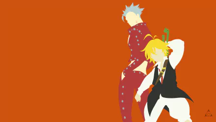 Minimalist HD wallpaper featuring Ban and Meliodas from 'The Seven Deadly Sins' anime. The characters are set against an orange background, with Ban's grey hair and red attire contrasting Meliodas' outfit.