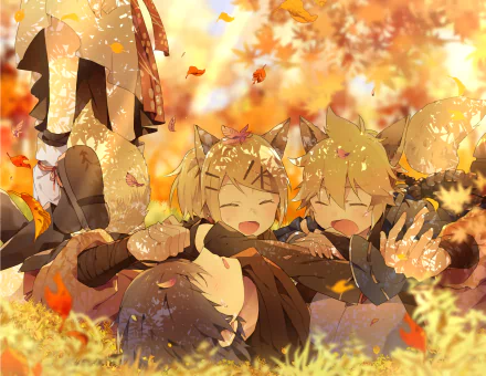 A vibrant HD wallpaper featuring Meiko, Kaito, Rin, and Len Kagamine from Vocaloid, joyfully playing in a colorful autumn setting surrounded by falling leaves.