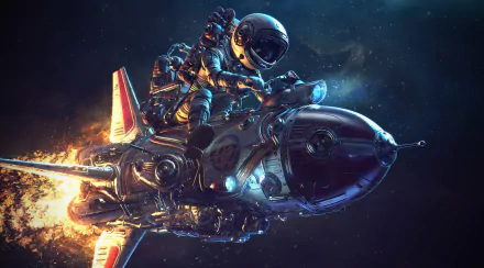 An astronaut rides a futuristic rocket, surrounded by the vastness of space. This vibrant HD wallpaper captures the essence of sci-fi adventure and exploration.