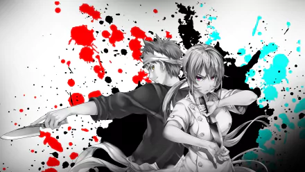 A dynamic HD wallpaper featuring Sōma Yukihira and Erina Nakiri from Shokugeki no Soma, set against a backdrop of vibrant splashes of red, black, and turquoise.