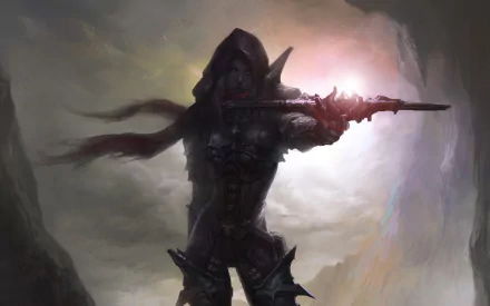 A shadowy Demon Hunter from Diablo III stands poised with a weapon, set against a dramatic background, creating an engaging HD wallpaper for fans of the video game.