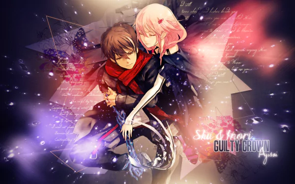 Shu Ouma and Inori Yuzuriha from the anime Guilty Crown embrace in a dramatic, colorful HD wallpaper, showcasing vivid artwork and deep emotional themes.
