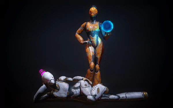 HD PC desktop wallpaper featuring Nova from the video game Warframe, showcasing a dynamic pose with vibrant colors against a dark background.