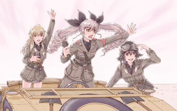 Three animated characters from *Girls und Panzer* cheerfully pose on a tank, showcasing their distinct hairstyles and uniforms, set against a vibrant backdrop.
