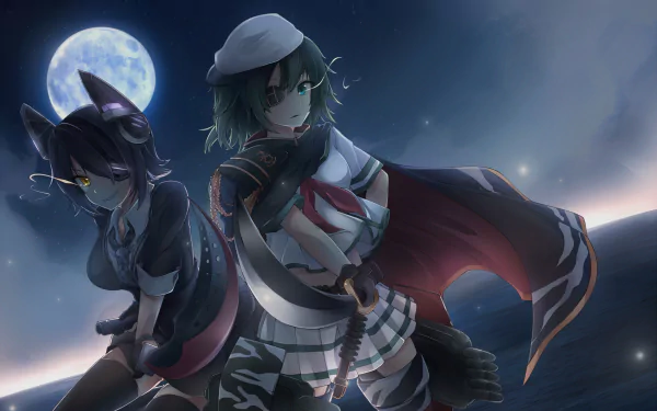 HD PC desktop wallpaper featuring Tenryuu and Kiso from the anime Kantai Collection, set against a nighttime sky with a full moon.