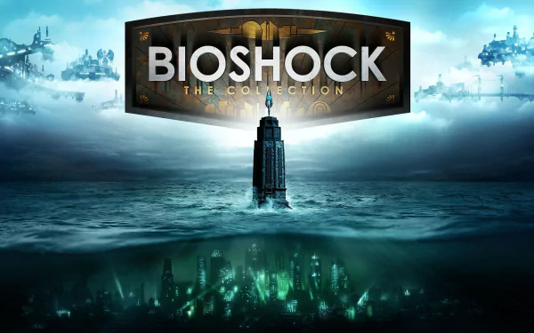 HD wallpaper featuring the iconic skyline of Rapture from the Bioshock video game series, showcasing the submerged city with the game logo prominently displayed.