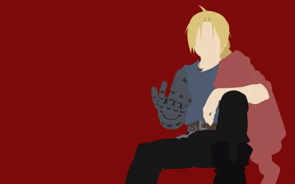 Minimalist HD wallpaper featuring Edward Elric from Fullmetal Alchemist, showcasing his blonde hair, belt, and iconic automail arm against a bold red background.