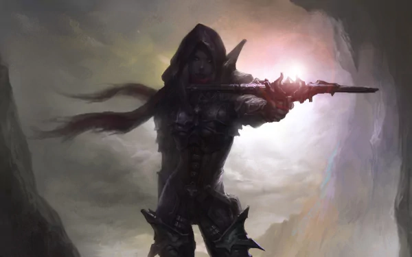 A shadowy Demon Hunter from Diablo III stands poised with a weapon, set against a dramatic background, creating an engaging HD wallpaper for fans of the video game.
