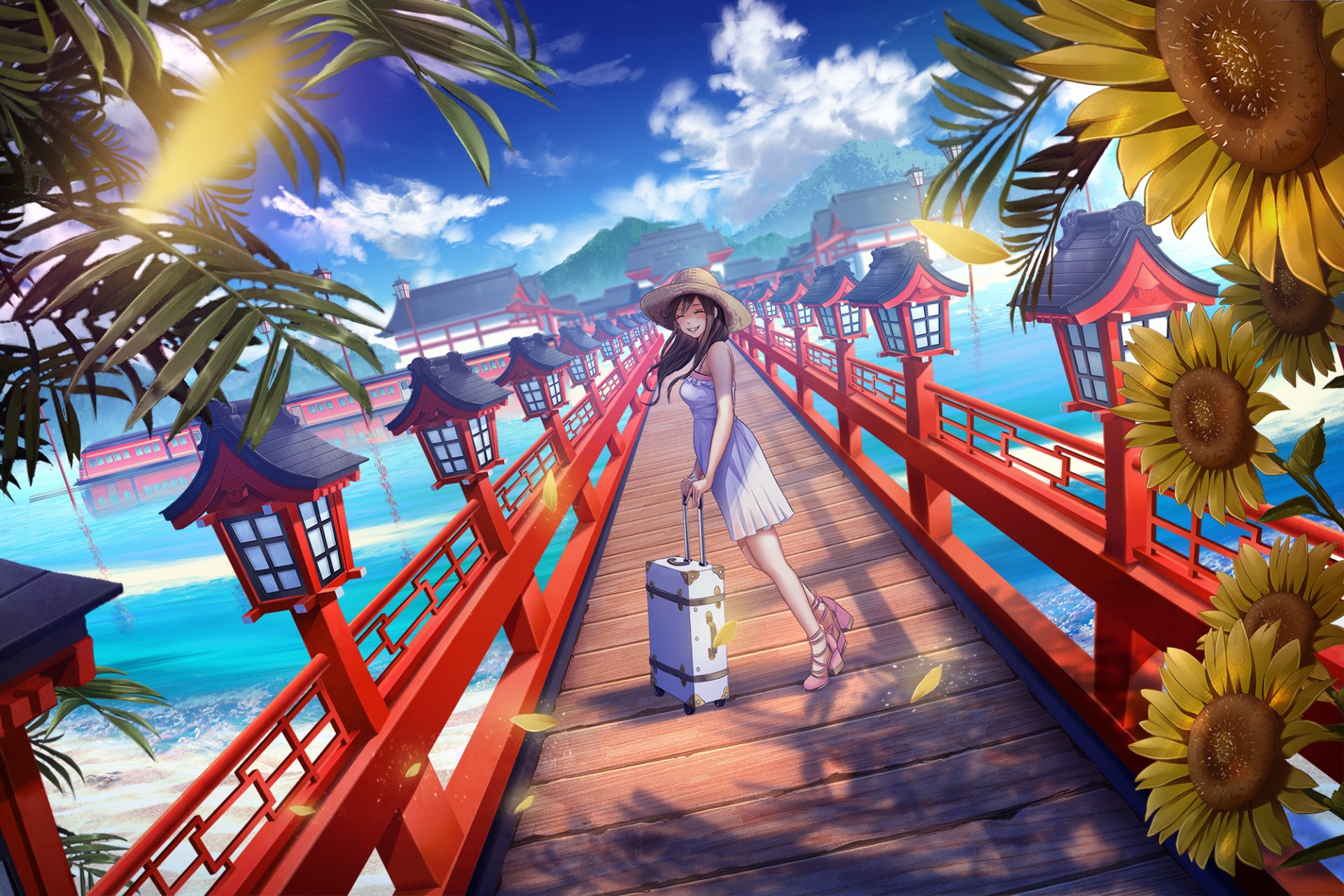An anime-style wallpaper featuring a girl in a hat and dress, standing on a vibrant red bridge with a suitcase, surrounded by sunflowers and a scenic seaside background.