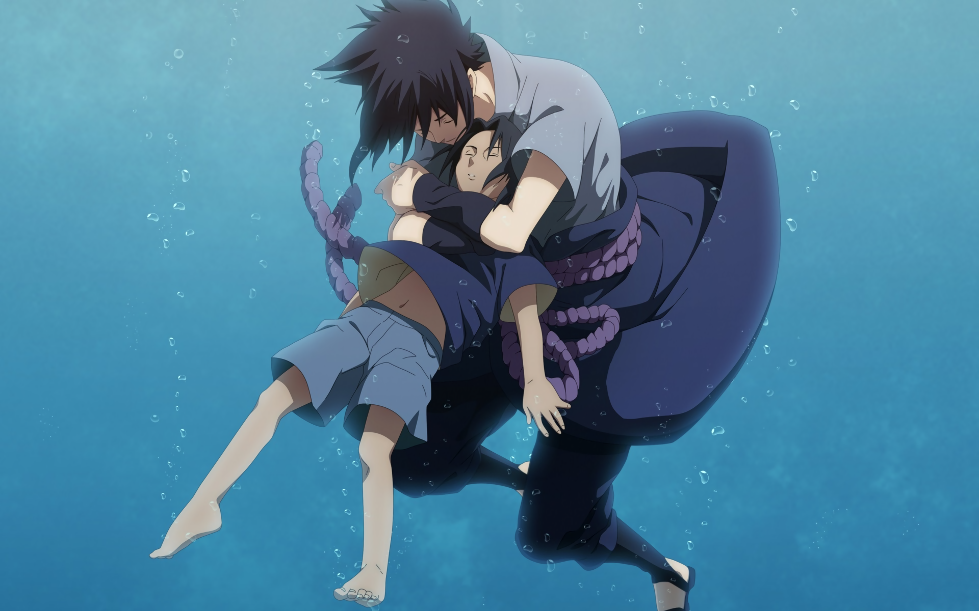 HD anime desktop wallpaper featuring Sasuke Uchiha from Naruto, embracing a younger character underwater with a serene blue background.