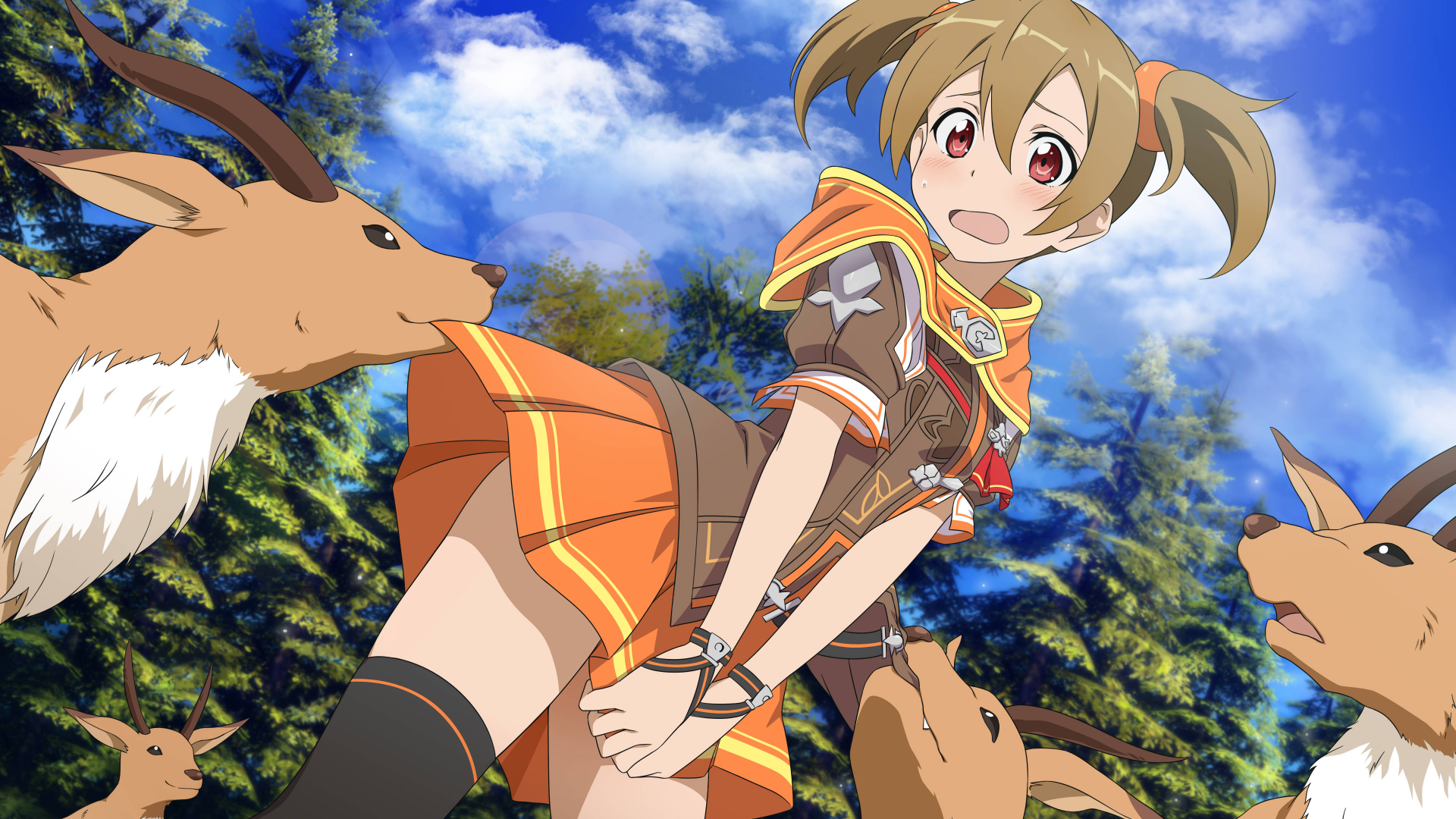 Silica from Sword Art Online interacts playfully with creatures in a vibrant forest setting. This HD wallpaper brings the anime's charm to your desktop background.