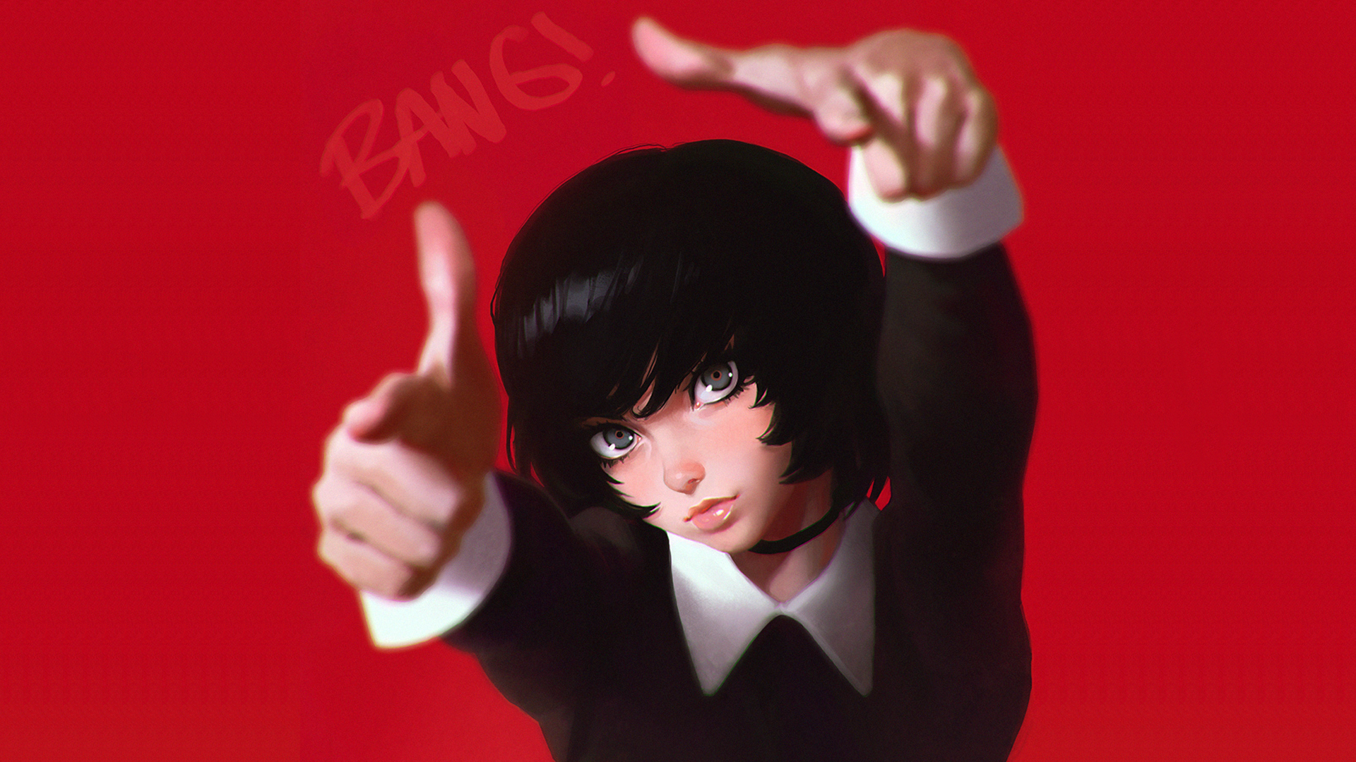 Artistic HD desktop wallpaper of a short-haired woman posing with fingers pointed forward against a vibrant red background.