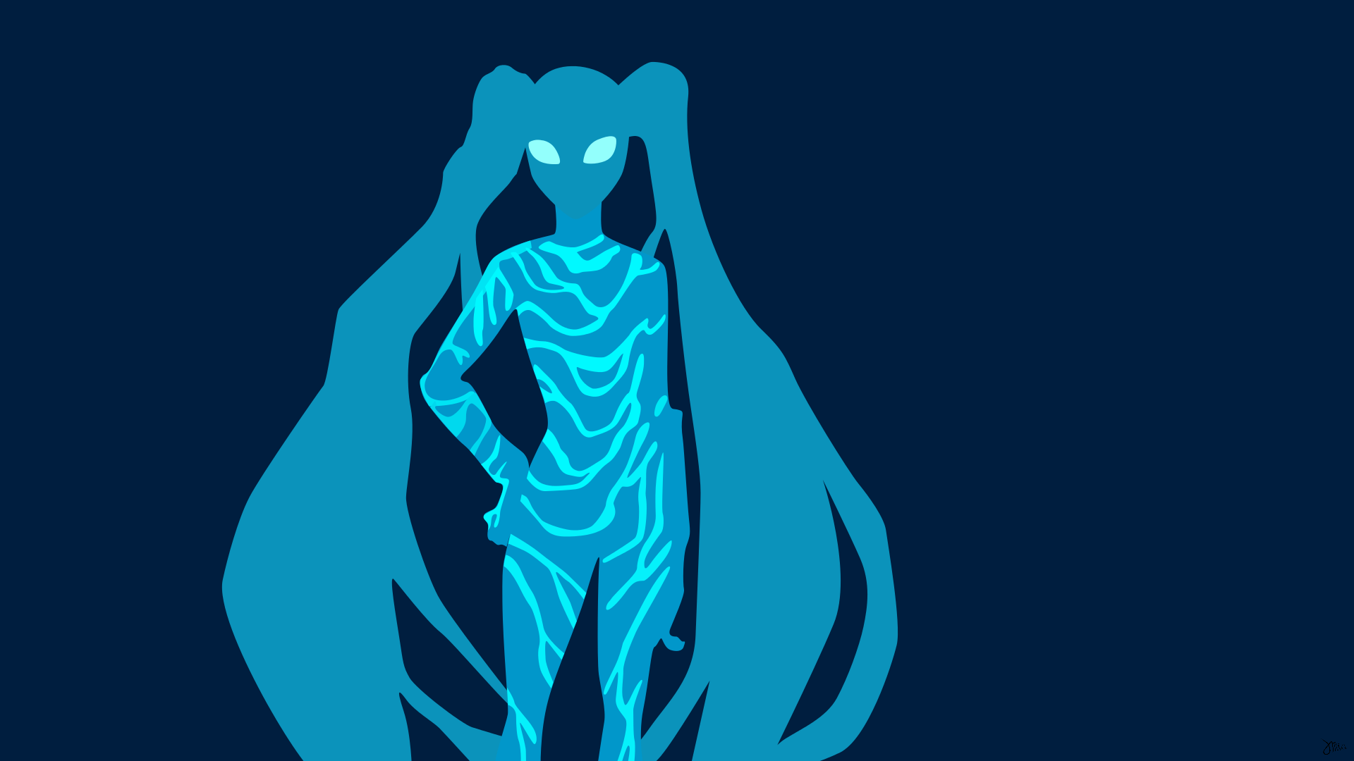 Anime Accel World HD PC desktop wallpaper: glowing cyan female silhouette with long twin-tailed hair and circuit-like markings against a deep blue background.