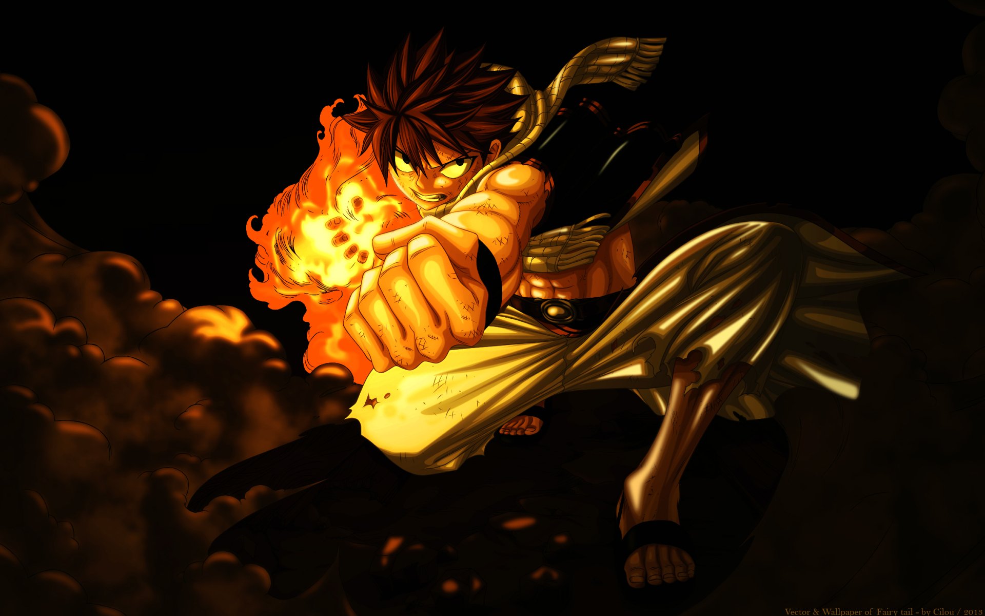 Natsu Dragneel from the anime Fairy Tail unleashes his fiery magic in this dynamic HD desktop wallpaper, showcasing his powerful presence and vibrant colors.