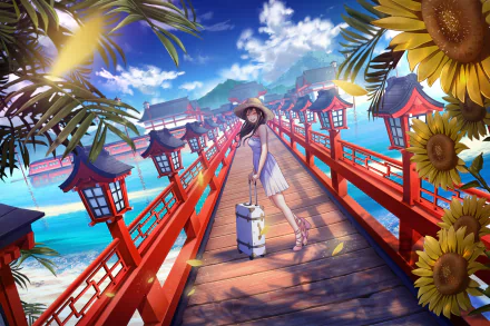 An anime-style wallpaper featuring a girl in a hat and dress, standing on a vibrant red bridge with a suitcase, surrounded by sunflowers and a scenic seaside background.