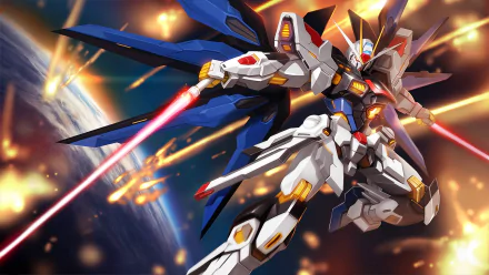 An HD desktop wallpaper featuring a dynamic scene from Mobile Suit Gundam Seed Destiny, showcasing a mecha in battle with vibrant colors and explosive action.