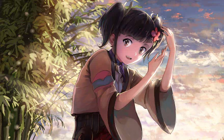 Mumei from Kabaneri of the Iron Fortress poses in a vibrant landscape, surrounded by bamboo and a colorful sky, featured as a stunning HD desktop wallpaper.