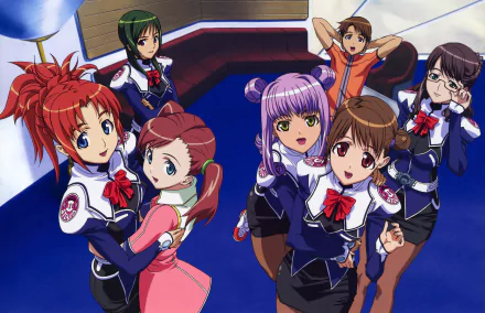 Uchuu no Stellvia anime 4K Ultra HD PC wallpaper featuring Mia Glennorth, Rinna Kazamatsuri, Akira Kayama, Shima Katase, Yayoi Fujisawa and Arisa Glennorth in school uniforms, posing together.
