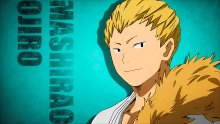 HD background featuring Mashirao Ojiro from the anime My Hero Academia, showcasing his confident expression against a vibrant teal backdrop.