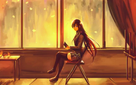 A girl with long brown hair and blue eyes sits in a chair by a window, reading a book. She wears a skirt and thigh-highs, captured in a warm, colorful anime style from My Teen Romantic Comedy SNAFU.