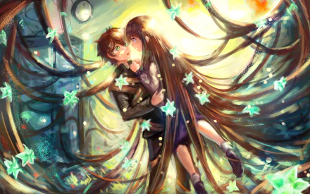 A vibrant HD desktop wallpaper featuring Hōtarō Oreki and Eru Chitanda from the anime Hyouka, surrounded by swirling colors and sparkling stars.