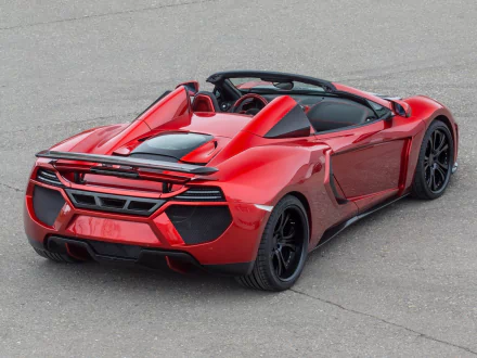 Red McLaren MP4-12C Spider supercar with black rims displayed on a gray asphalt surface, featured as an HD PC desktop wallpaper and background.