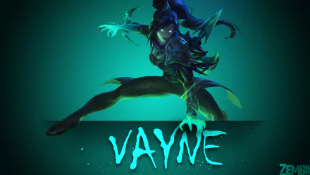HD PC desktop wallpaper featuring Vayne from League of Legends in a dynamic pose with glowing green accents and the game title prominently displayed.