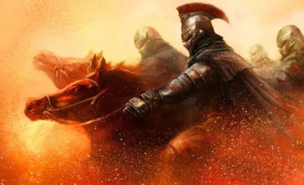 HD PC desktop wallpaper depicting a fantasy scene with a knight in armor riding a horse through a fiery, dynamic battlefield.