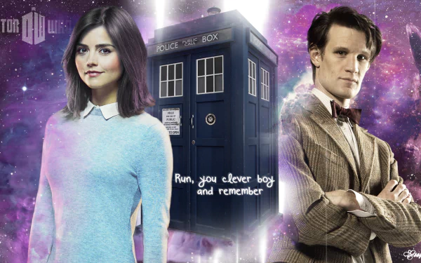 Clara Oswald and the TARDIS from Doctor Who, featuring Jenna Coleman and Matt Smith. The wallpaper showcases a cosmic background with the quote, “Run, you clever boy and remember.”