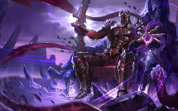 HD desktop wallpaper featuring Magebane, a heavily armored warrior from the video game Heroes of Newerth, surrounded by dark, mystical energy.