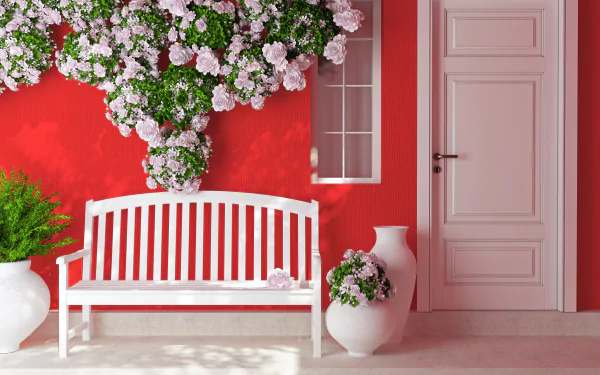 4K Ultra HD wallpaper featuring a white bench and vases with pink flowers against a vibrant red wall with a door and window, blending natural and man-made elements.