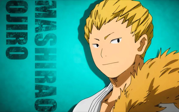 HD background featuring Mashirao Ojiro from the anime My Hero Academia, showcasing his confident expression against a vibrant teal backdrop.