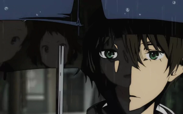 A striking HD wallpaper featuring characters Mayaka Ibara, Eru Chitanda, and Hōtarō Oreki under an umbrella in the rain, capturing a serene moment from the anime Hyouka.
